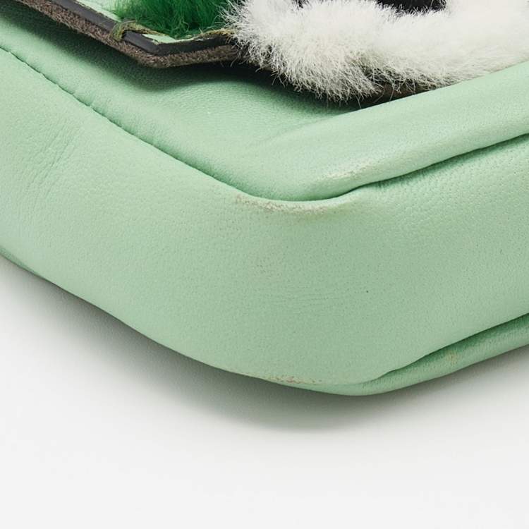 Pre Owned Fendi Green Leather and Fur Micro Monster Baguette Bag