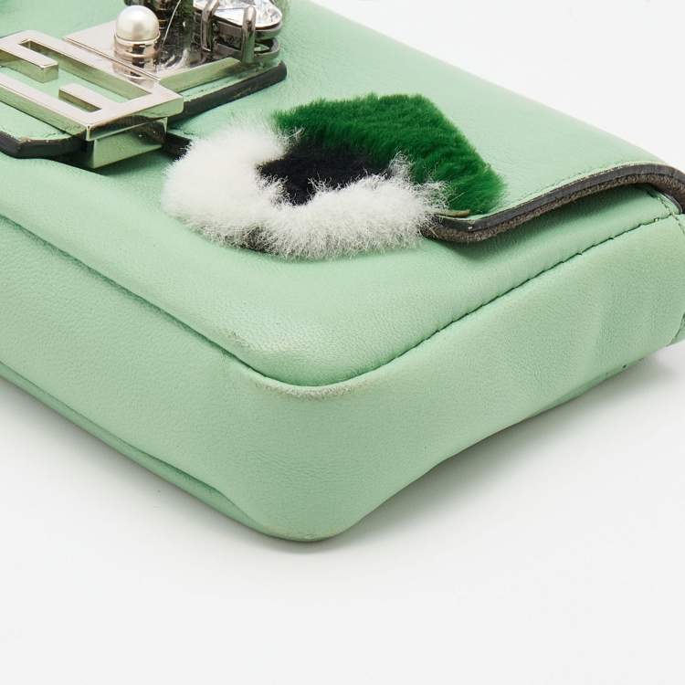Pre Owned Fendi Green Leather and Fur Micro Monster Baguette Bag