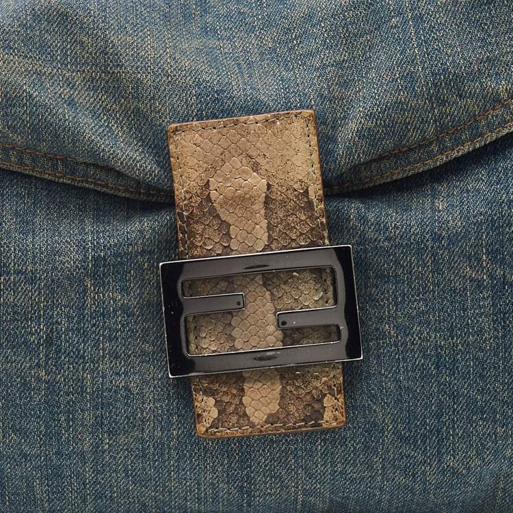 Pre Owned Fendi Blue Denim Baguette Bag