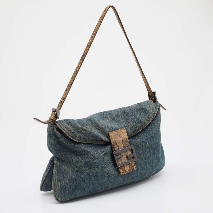Pre Owned Fendi Blue Denim Baguette Bag