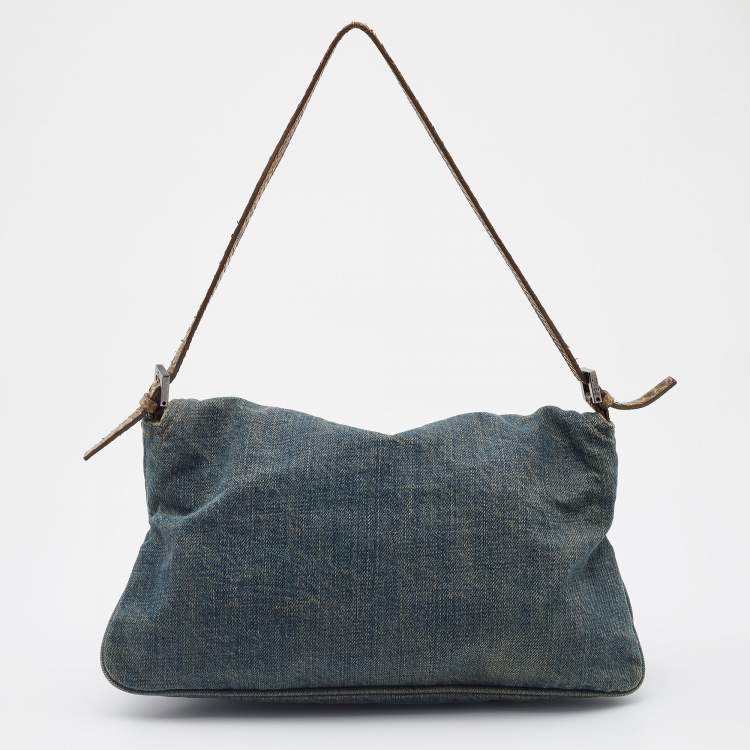 Pre Owned Fendi Blue Denim Baguette Bag