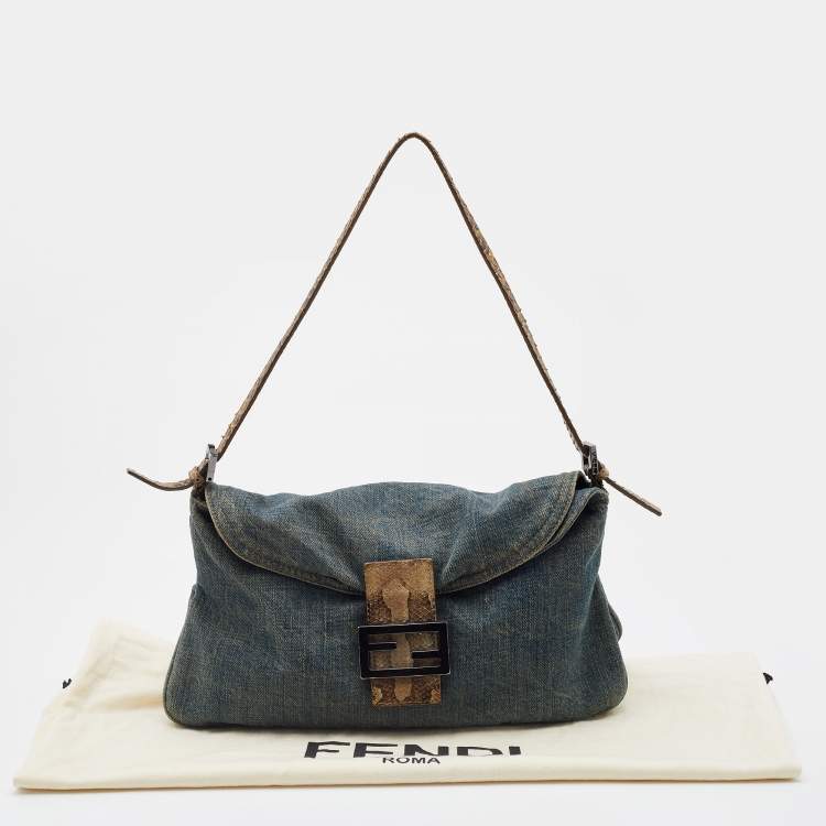 Pre Owned Fendi Blue Denim Baguette Bag