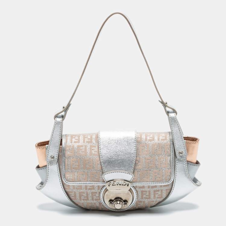 Pre Owned Fendi Silver/Rose Gold Zucchino Fabric and Leather Compilation Hobo