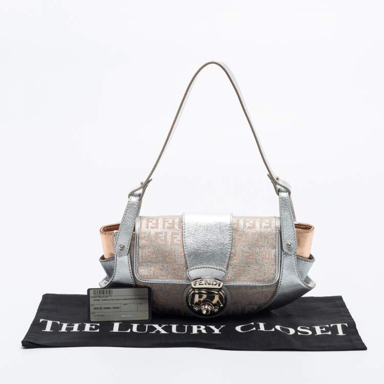 Pre Owned Fendi Silver/Rose Gold Zucchino Fabric and Leather Compilation Hobo