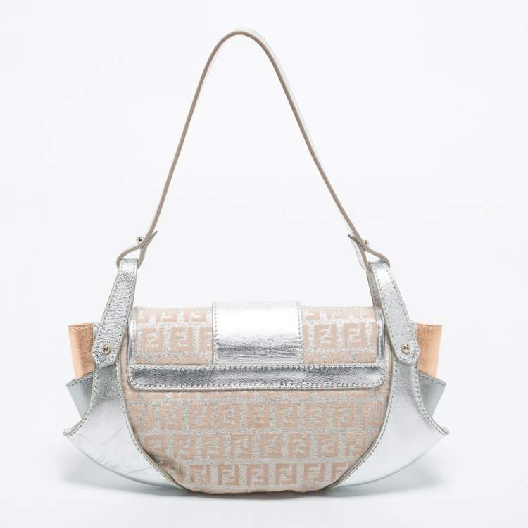 Pre Owned Fendi Silver/Rose Gold Zucchino Fabric and Leather Compilation Hobo