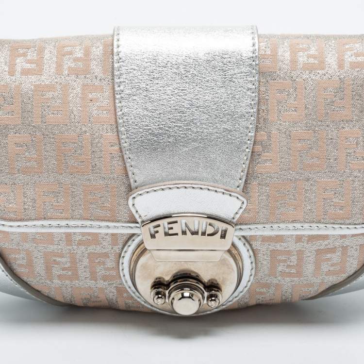 Pre Owned Fendi Silver/Rose Gold Zucchino Fabric and Leather Compilation Hobo
