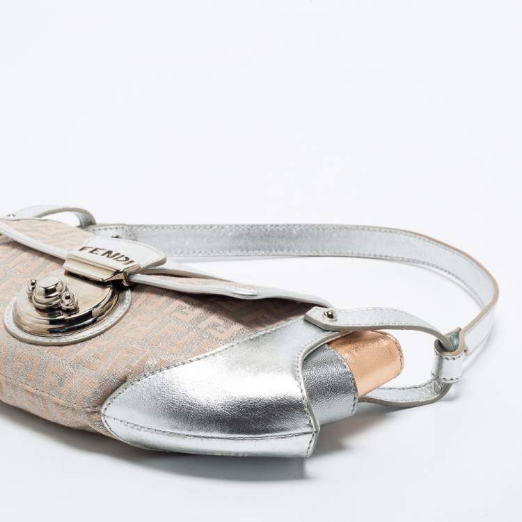 Pre Owned Fendi Silver/Rose Gold Zucchino Fabric and Leather Compilation Hobo