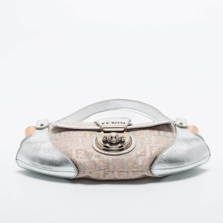 Pre Owned Fendi Silver/Rose Gold Zucchino Fabric and Leather Compilation Hobo