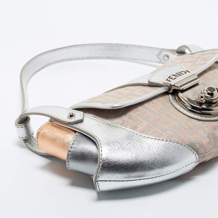 Pre Owned Fendi Silver/Rose Gold Zucchino Fabric and Leather Compilation Hobo