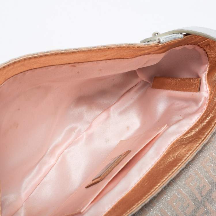 Pre Owned Fendi Silver/Rose Gold Zucchino Fabric and Leather Compilation Hobo