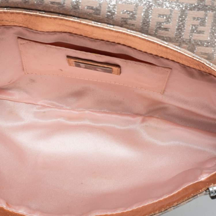 Pre Owned Fendi Silver/Rose Gold Zucchino Fabric and Leather Compilation Hobo