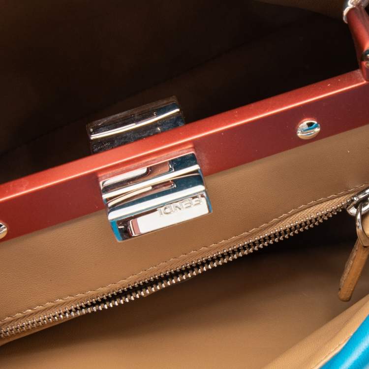 Pre Owned Fendi Blue/Orange Leather Mini Peekaboo Top Handle Bag