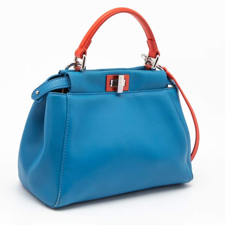 Pre Owned Fendi Blue/Orange Leather Mini Peekaboo Top Handle Bag