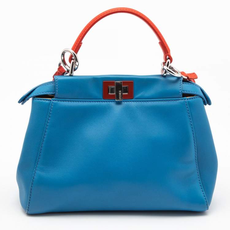 Pre Owned Fendi Blue/Orange Leather Mini Peekaboo Top Handle Bag