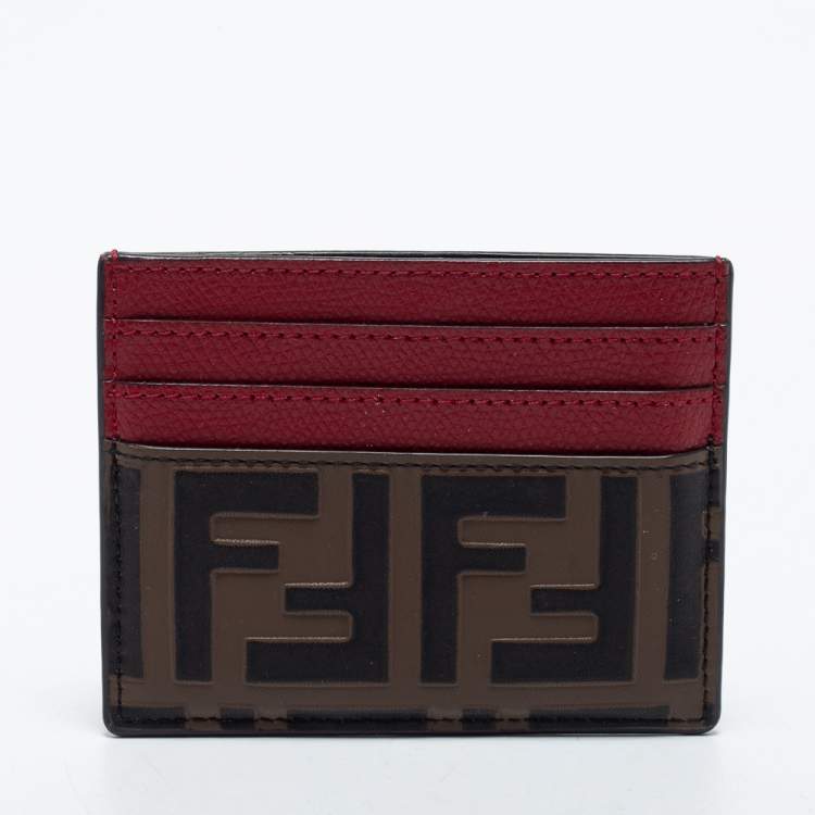 Pre Owned Fendi Red/Brown Zucca Print Leather Card Holder