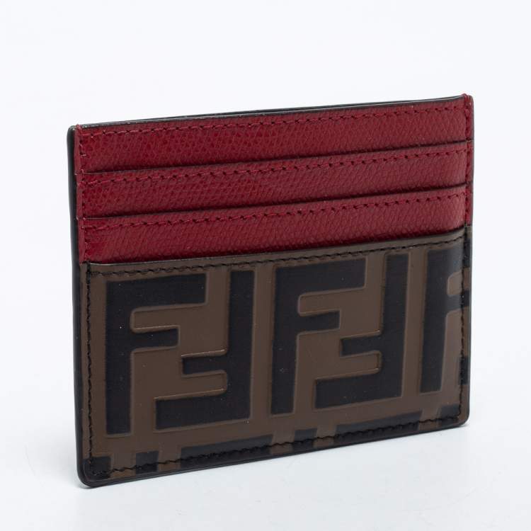 Pre Owned Fendi Red/Brown Zucca Print Leather Card Holder