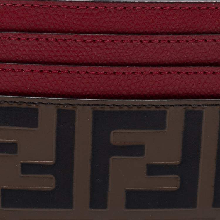 Pre Owned Fendi Red/Brown Zucca Print Leather Card Holder