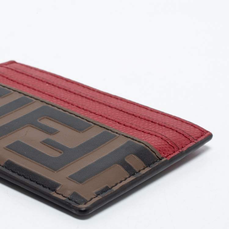Pre Owned Fendi Red/Brown Zucca Print Leather Card Holder