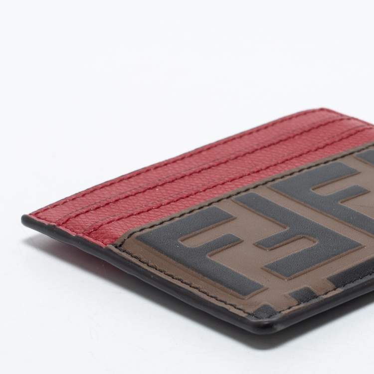 Pre Owned Fendi Red/Brown Zucca Print Leather Card Holder