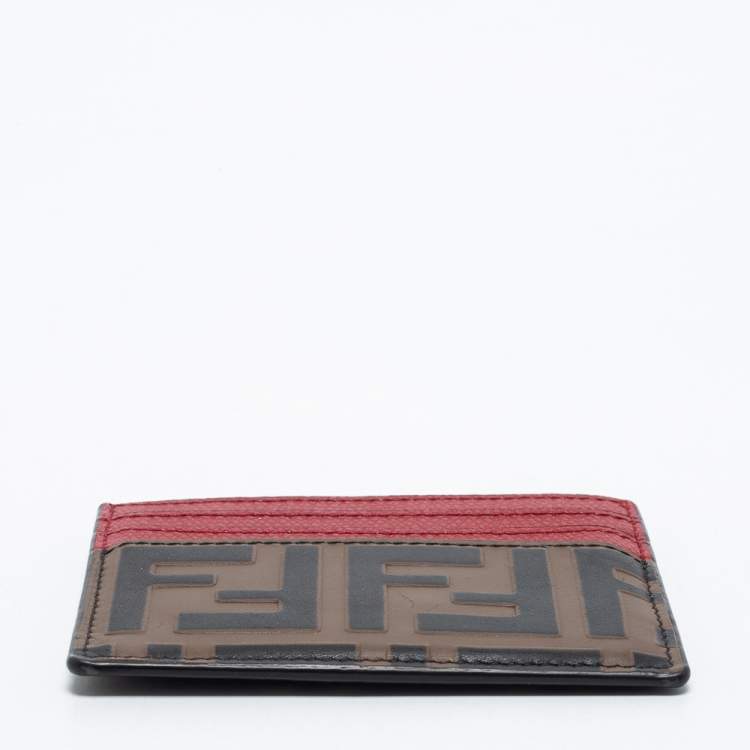 Pre Owned Fendi Red/Brown Zucca Print Leather Card Holder