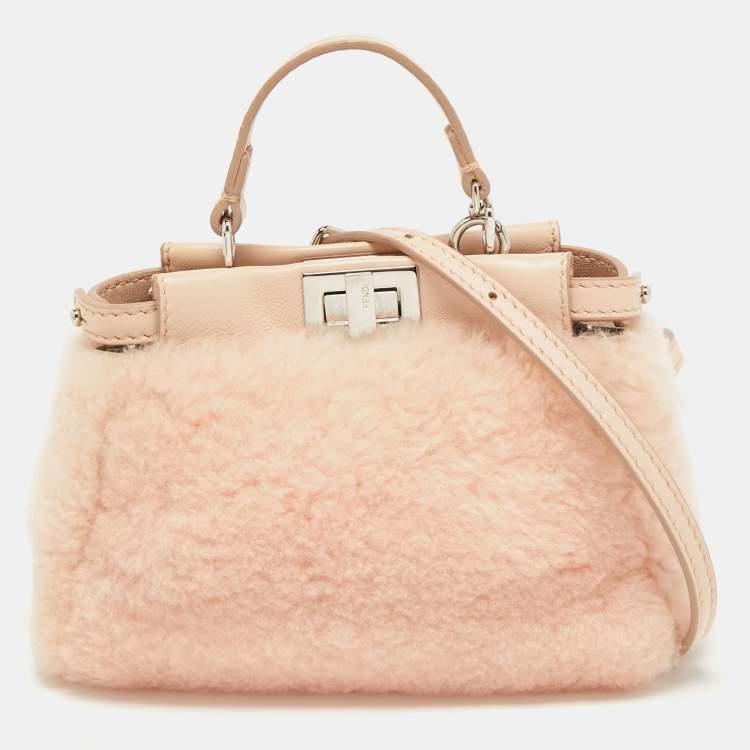 مملوكة مسبقًا Fendi Powder Pink Shearling and Leather Micro Peekaboo Top Handle Bag