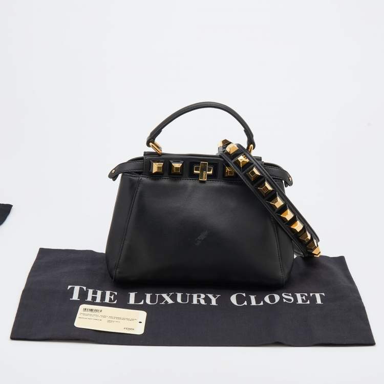 Pre Owned Fendi Black Leather Mini Studded Peekaboo Top Handle Bag
