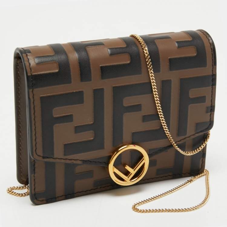 Pre Owned Fendi Brown/Black Zucca Leather Mini F is Fendi Wallet on Chain