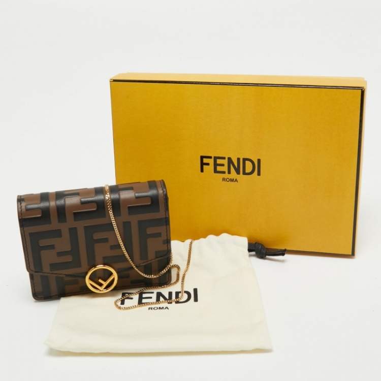 Pre Owned Fendi Brown/Black Zucca Leather Mini F is Fendi Wallet on Chain