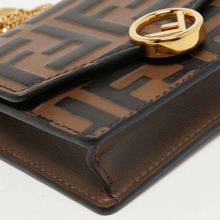 Pre Owned Fendi Brown/Black Zucca Leather Mini F is Fendi Wallet on Chain