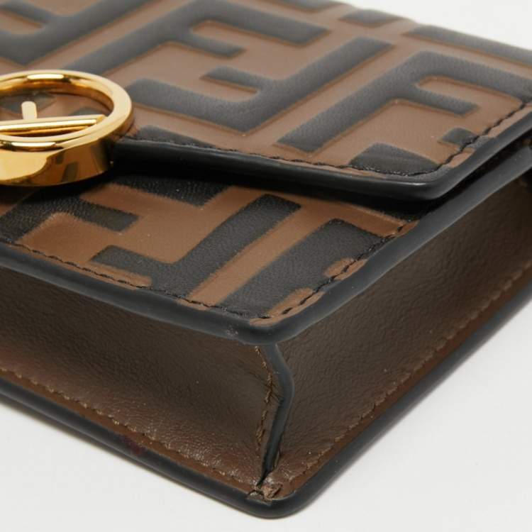 Pre Owned Fendi Brown/Black Zucca Leather Mini F is Fendi Wallet on Chain