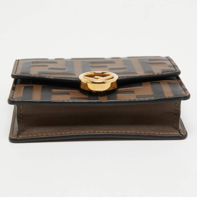 Pre Owned Fendi Brown/Black Zucca Leather Mini F is Fendi Wallet on Chain
