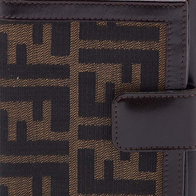 Pre Owned Fendi Brown Zucca Canvas and Leather FF Flap Compact Wallet