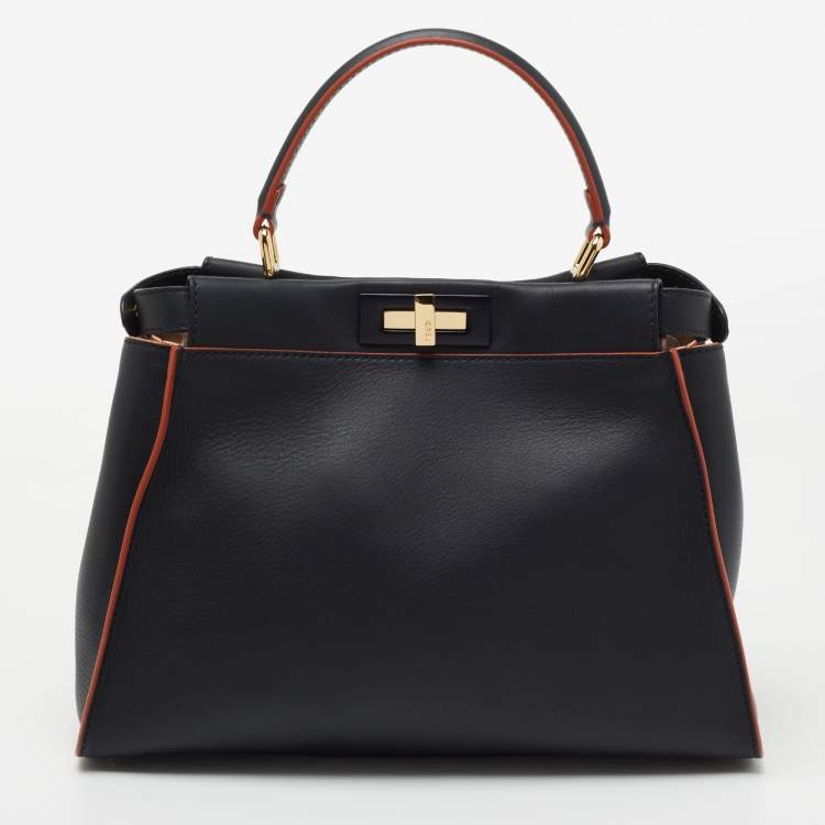 Pre Owned Fendi Dark Blue Leather Medium Peekaboo Top Handle Bag