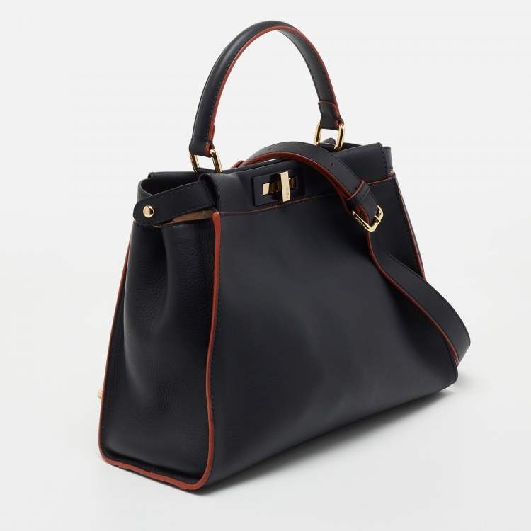 Pre Owned Fendi Dark Blue Leather Medium Peekaboo Top Handle Bag