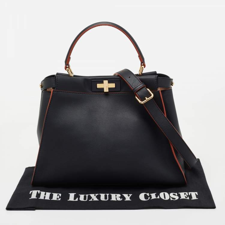 Pre Owned Fendi Dark Blue Leather Medium Peekaboo Top Handle Bag