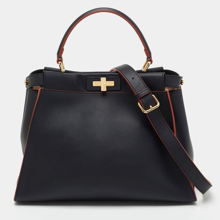 Pre Owned Fendi Dark Blue Leather Medium Peekaboo Top Handle Bag