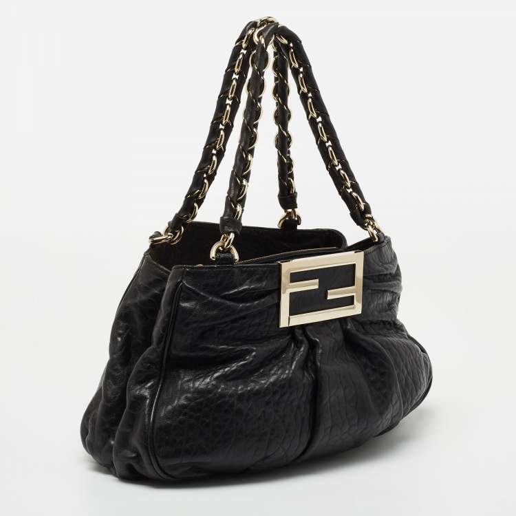 Pre Owned Fendi Black Pebbled Leather Small Mia Tote