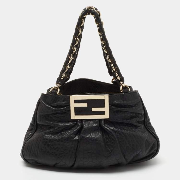Pre Owned Fendi Black Pebbled Leather Small Mia Tote