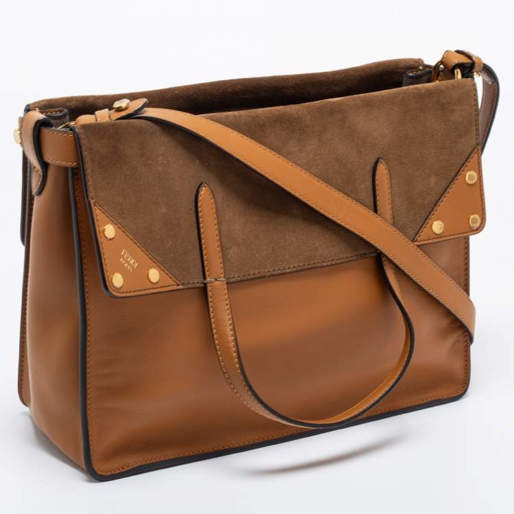 Pre Owned Fendi Tan Leather and Suede Flip Tote