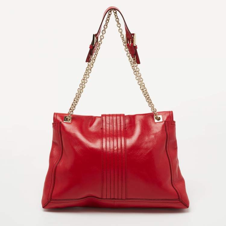Pre Owned Fendi Red Leather Maxi Baguette Shoulder Bag