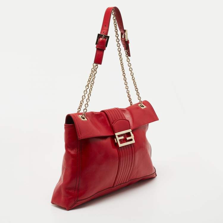Pre Owned Fendi Red Leather Maxi Baguette Shoulder Bag