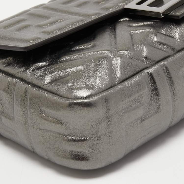 Pre Owned Fendi Metallic Grey Monogram Embossed Leather Baguette Shoulder Bag
