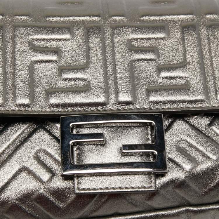 Pre Owned Fendi Metallic Grey Monogram Embossed Leather Baguette Shoulder Bag