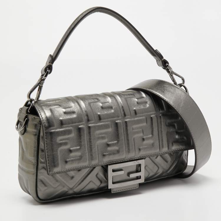 Pre Owned Fendi Metallic Grey Monogram Embossed Leather Baguette Shoulder Bag
