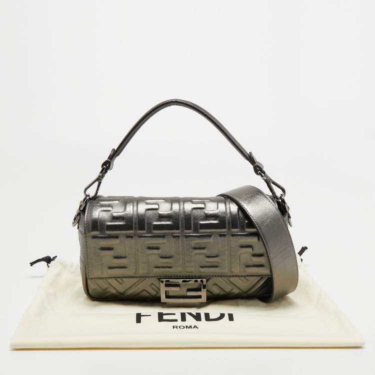 Pre Owned Fendi Metallic Grey Monogram Embossed Leather Baguette Shoulder Bag
