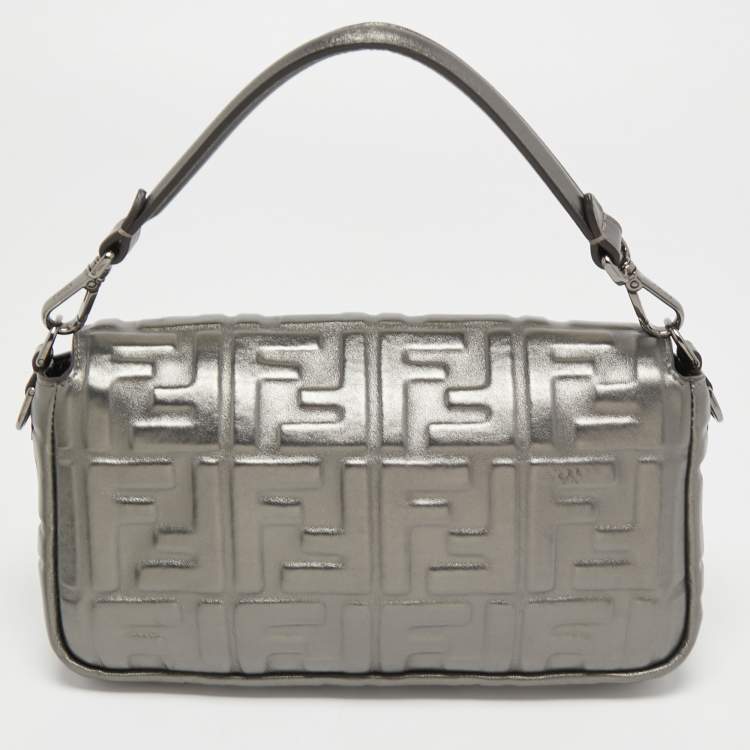 Pre Owned Fendi Metallic Grey Monogram Embossed Leather Baguette Shoulder Bag
