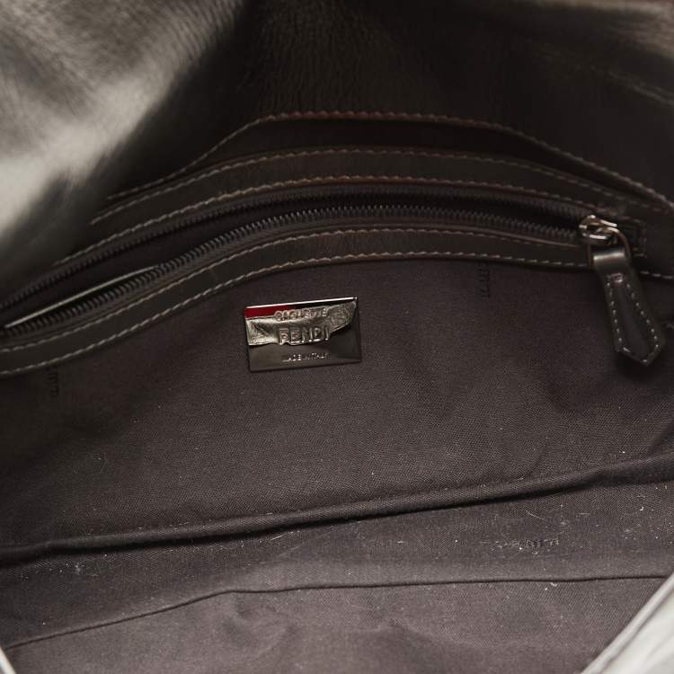 Pre Owned Fendi Metallic Grey Monogram Embossed Leather Baguette Shoulder Bag