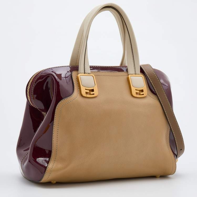 Pre Owned Fendi Beige/Burgundy Patent and Leather Chameleon Satchel 