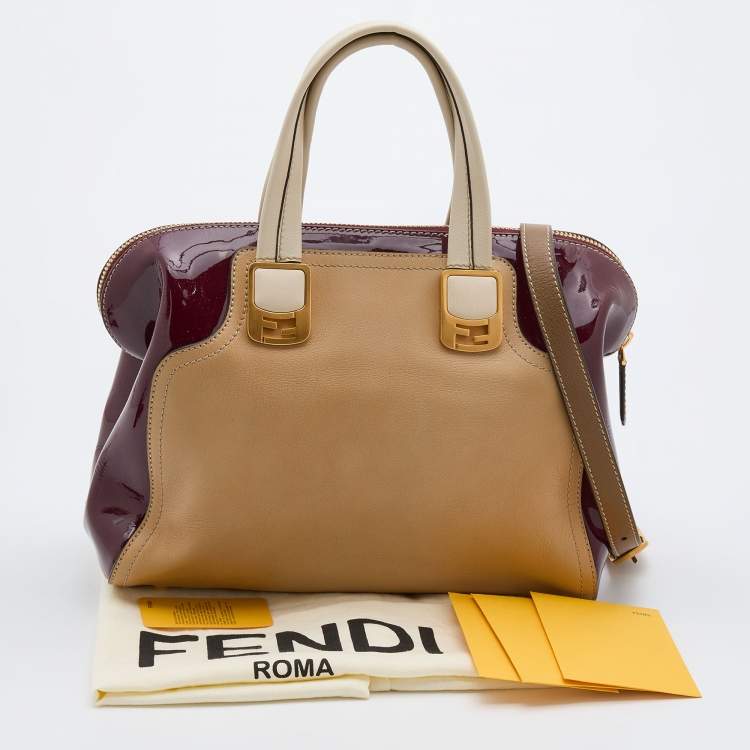 Pre Owned Fendi Beige/Burgundy Patent and Leather Chameleon Satchel 