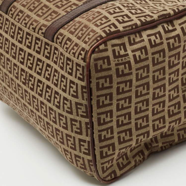 Pre Owned Fendi Brown Zucchino Canvas and Leather Forever Bauletto Boston Bag